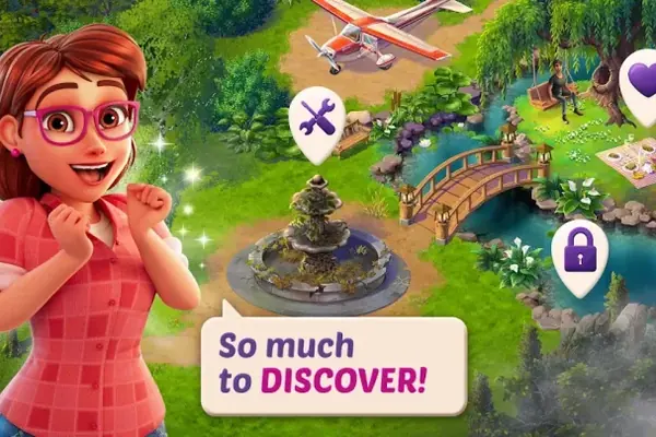 Lily's Garden screenshot showing the restored garden with a fountain and footbridge