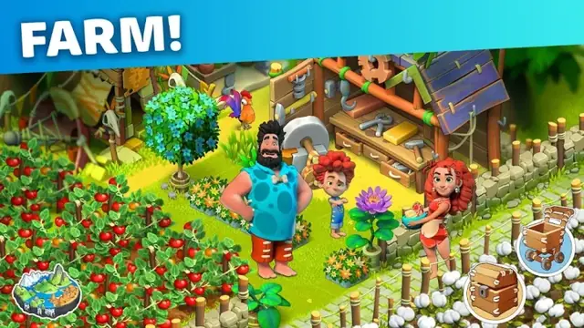 Family Island gameplay: a family farm plot with crops and workshops on the island