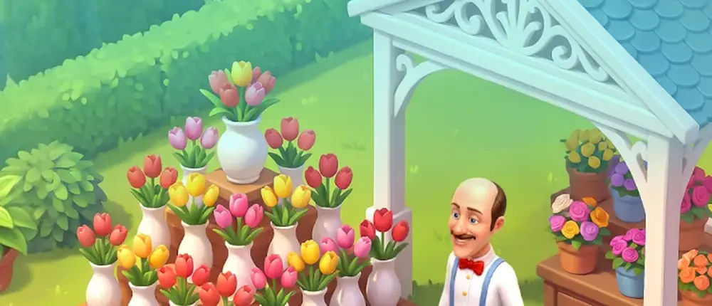 Gardenscapes gameplay: a flower stall in the restored estate garden
