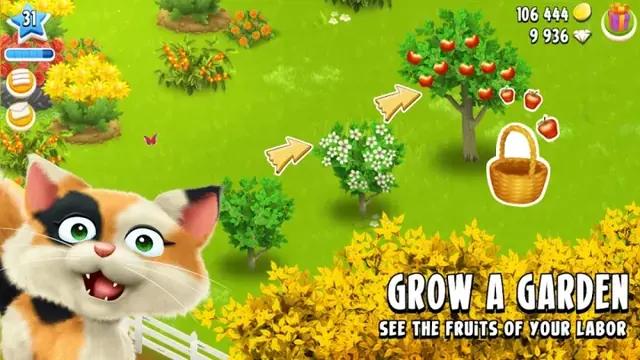 Hay Day gameplay: an orchard and flowering fields on the player's farm