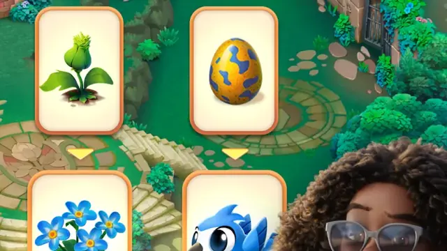 Merge Gardens gameplay: merge cards with plants and a bird on the garden board
