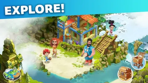Family Island beach camp with characters exploring the shore