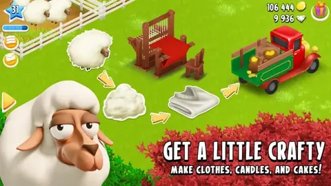 Hay Day farm with sheep, a workshop and a delivery truck